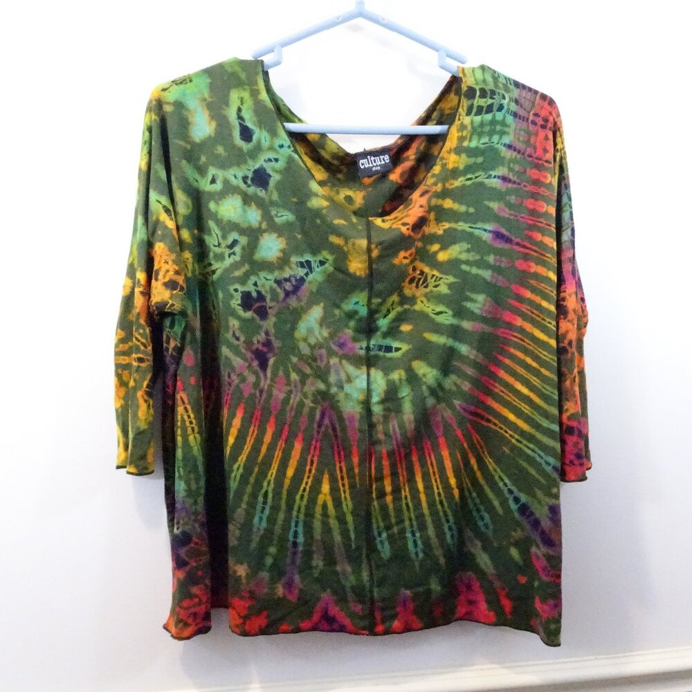 Culture Shop Tie Dye 3/4 Sleeve Shirt Standard Size OSFM Boxy Grunge Hippie Gree